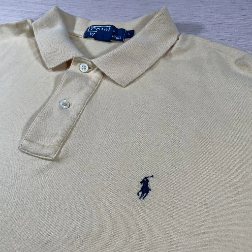 Polo Ralph Lauren Shirt Mens Large Yellow Short Sleeve Dark Blue Pony Vintage